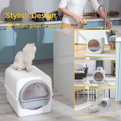 Semi-Automatic Self Cleaning Cat Litter Box for Large Cats, Pull-Push Easy Clean Litter Box with Lid, Dog Proof, Extra Large, White (Micro Crystal Litter Included)