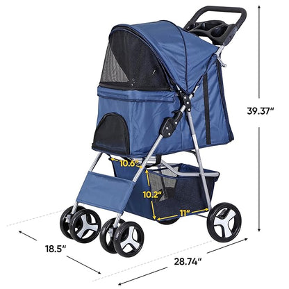 ZENY Foldable Pet Stroller, Cat/Dog Stroller with 4 Wheel, Pet Travel Carrier Strolling Cart with Storage Basket, Cup Holder (Navy Blue)