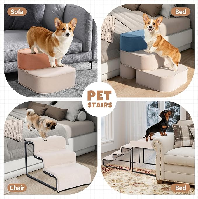 Stairs for Dogs to get on Bed 3-Step Pet Ramp for High Beds Sponge Dog Ramp Non-Slip Washable Cover The Sturdy Iron Frame with Anti-Slip Points Ideal for Small Dogs Cats Senior Pets with Joint Issues