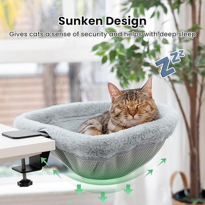 Cat Desk Bed - One-Click Folding,Sunken Design & Space-Saving Semi-Circular Cat Bed, Soft Faux Rabbit Fur Material, Suitable for Various Desktops-Maximum Hold Up to 40lb