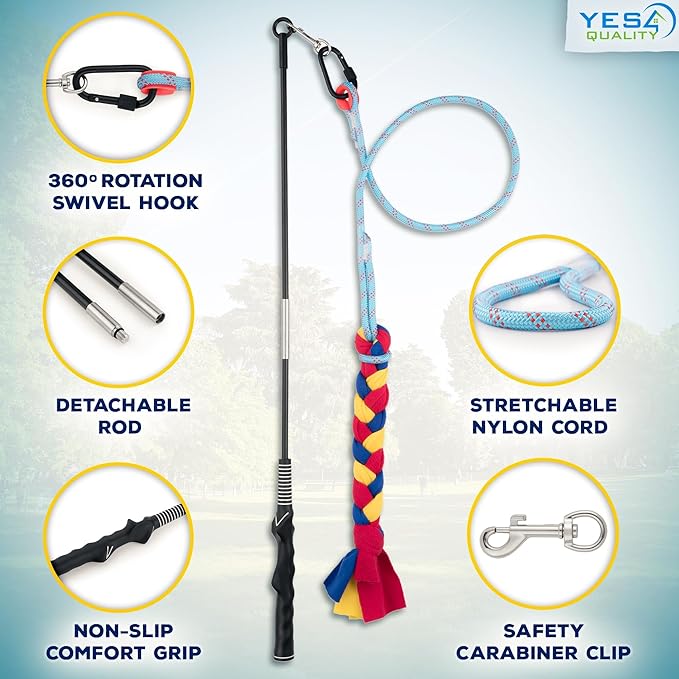 YES4QUALITY Flirt Pole for Dogs - Safe & Strong for Large Breeds with Nylon Cord - Spring Pole for Tug of War, Interactive Play & Puppy Training - Heavy Duty Teaser Wand for Outdoor Exercise