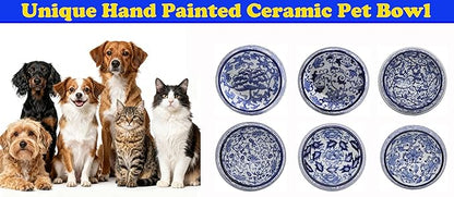 Aimusego Hand-Painted Ceramic Dog Bowl Blue/White Durable Dog Cat Food and Water Pet Dish 11OZ