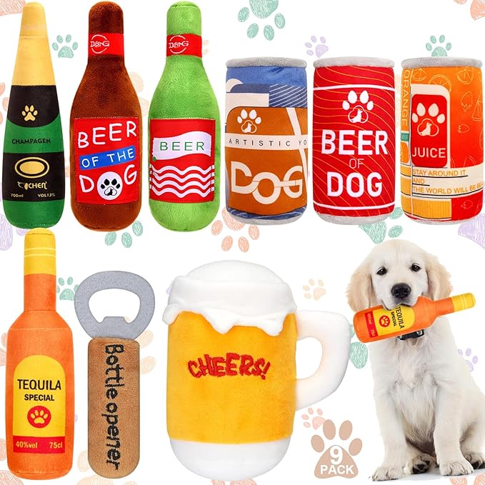 9 Pcs Beer Dog Squeaky Plush Toys Set Water Bottle Squeaky Toys Bulk Dog Interactive Funny Puppy Teething Chewing with Squeaker for Small and Medium Pet Training Teeth Doggie Birthday Gifts