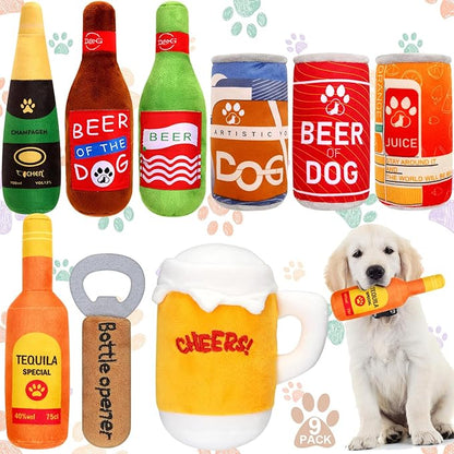 9 Pcs Beer Dog Squeaky Plush Toys Set Water Bottle Squeaky Toys Bulk Dog Interactive Funny Puppy Teething Chewing with Squeaker for Small and Medium Pet Training Teeth Doggie Birthday Gifts