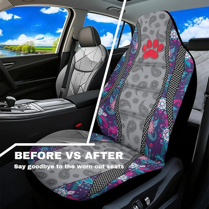 Red Paw Print Car Seat Covers Non-Slip Automobile Seat Covers Boho Flower Waterproof Front Seat Cushion Interior Auto Accessory Protection for Cars Truck Van, 2 Pcs Set