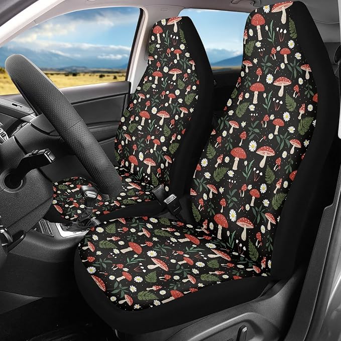 Mushroom Daisy Print Car Seat Covers Set of 2 for Women,Universal Bucket Front Seats Protector Fit for Car,SUV Sedan,Truck