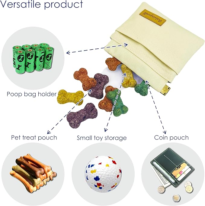 Raisingwell Dog Treat Pouch, Lvory Pocket Sized Pet Training Pouch, Cotton Fabric, Hand Free Dog Walking Bag with Carabiner, Self-Closing Pet Feed Snack Reward, for Puppy Travel or Outdoor Use