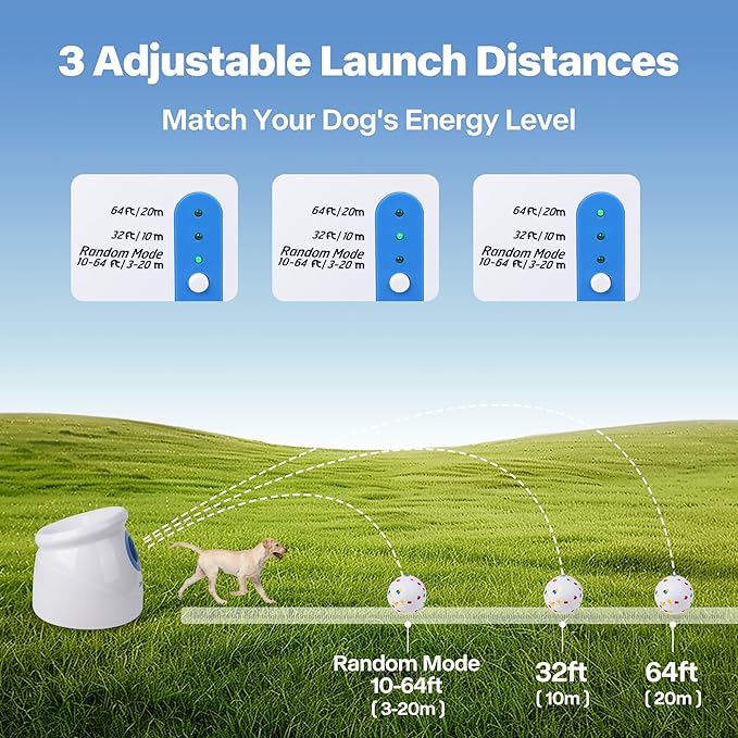 Pet Prime Upgraded Automatic Ball Launcher for Large Dogs,Rechargeable Dog Ball Thrower for Outdoor Exercise & Interactive Play,Adjustable 10-64ft Thrower with 6PCS 2.5" ETPU Balls,1 Dog Whistle