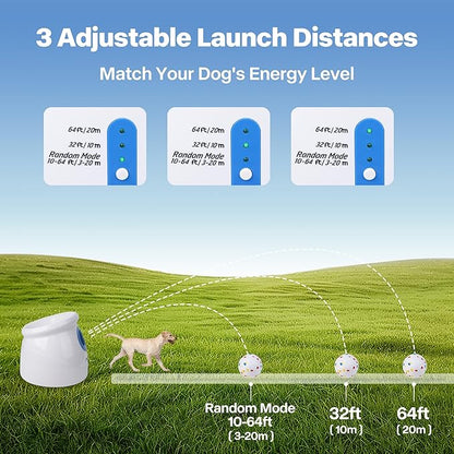 Pet Prime Upgraded Automatic Ball Launcher for Large Dogs,Rechargeable Dog Ball Thrower for Outdoor Exercise & Interactive Play,Adjustable 10-64ft Thrower with 6PCS 2.5" ETPU Balls,1 Dog Whistle