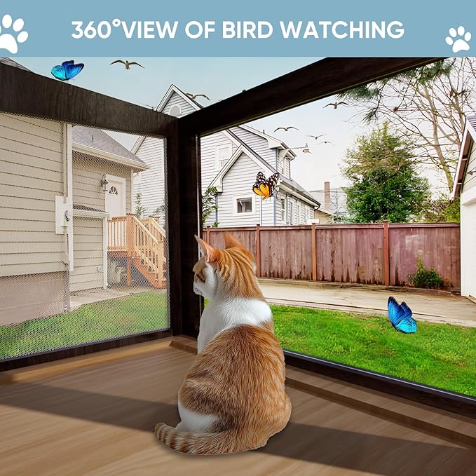 Cat Window Box Weatherproof Catio Outdoor Cat Enclosure Perch with Bug-Proof Wire Grid Fits Double Hung Frames 25.4" to 43.3" Wide Sunbathing Napping Overlooking