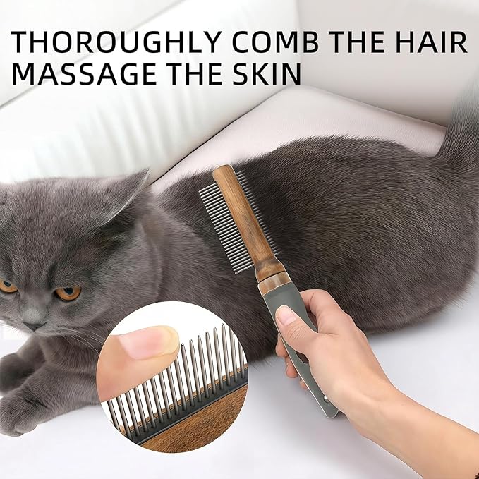 2-in-1 Dog Dematting&Deshedding Comb with Wooden Handle Double-Sided Fine&Wide Teeth Dematting Comb Pet Flea Comb for Dogs and Cats Remove Loose Hair Tangles Dirt Fleas