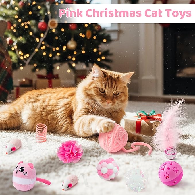 MALLMALL6 Christmas Stocking Cat Toys - 12Pcs Interactive Kitty Gifts Pink Xmas Hanging Stocking Feather Teaser Wand Mice Crinkle Bells Ball Spring Toys for Indoor Kitten