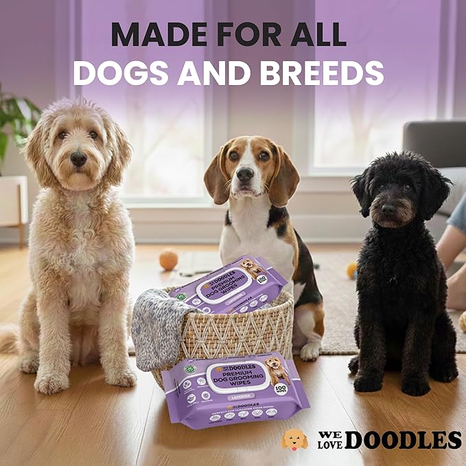 We Love Doodles Dog Wipes - Deodorizing & Cleaning Pet Wipes, for Coat, Face, Paws, Butt, & Body, Dog Essentials & Grooming Supplies, Made in USA, Lavender (100 Count)
