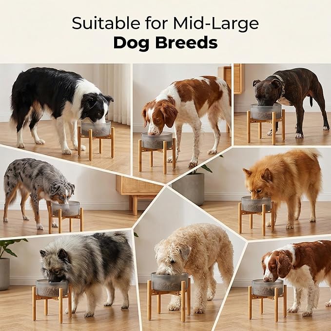 Dog Bowl Stand - Mid-Large Dogs Suitable - Elevate, Raise Bowl to 12-inch High - Adjustable, Fits Any Pet Food/Water Feeders, and Fountains - Durable Bamboo