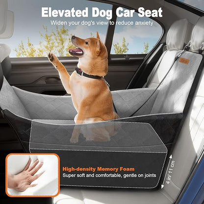 Elevated Dog Car Seat, Dog Booster Car Seats for Small & Medium Breeds Up to 35lbs, Fully Detachable and Washable, Memory Foam Pet Carseat with 2 Storage Pockets & 3 Safety Belts, Black & Gray
