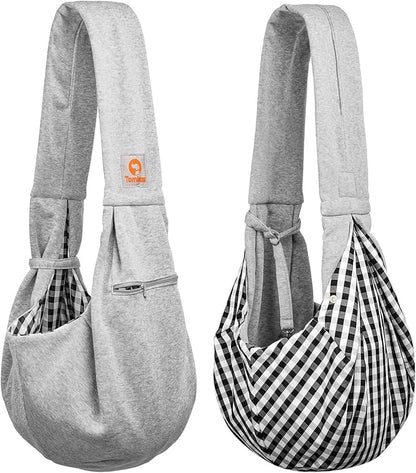 Tomkas Small Dog Cat Sling Carrier Puppy Purse Travel Wrap Soft Crossbody Pet Bag (Grey, M - Zip Pocket & Classic Strap)