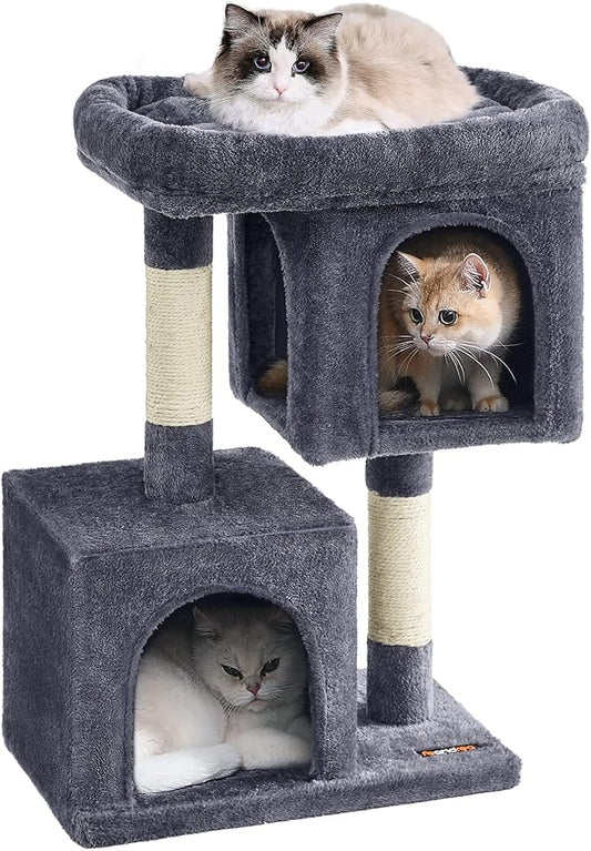 Feandrea Cat Tree, 29.1-Inch Cat Tower, Plush Condo for Medium Cats up to 11 lb, Large Perch, 2 Caves, Scratching Post, Smoky Gray UPCT612G01