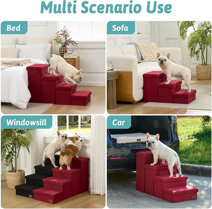 Dog Stairs with Storage, 4-Step Wider Sturdy Dog Steps for Small/Medium/Large Dogs and Older Cats, Folding Doggie Ramp for Bed/Couch/Car Hold Up to 180 lbs (22" H, Burgundy)