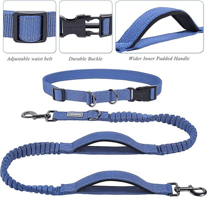 VIVAGLORY Hands Free Dog Leash Bungeetwin Running Dog Leash with Waist Belt for Running Walking & Jogging, Bungee & Around Waist for Pet, M, Navy Blue/Black