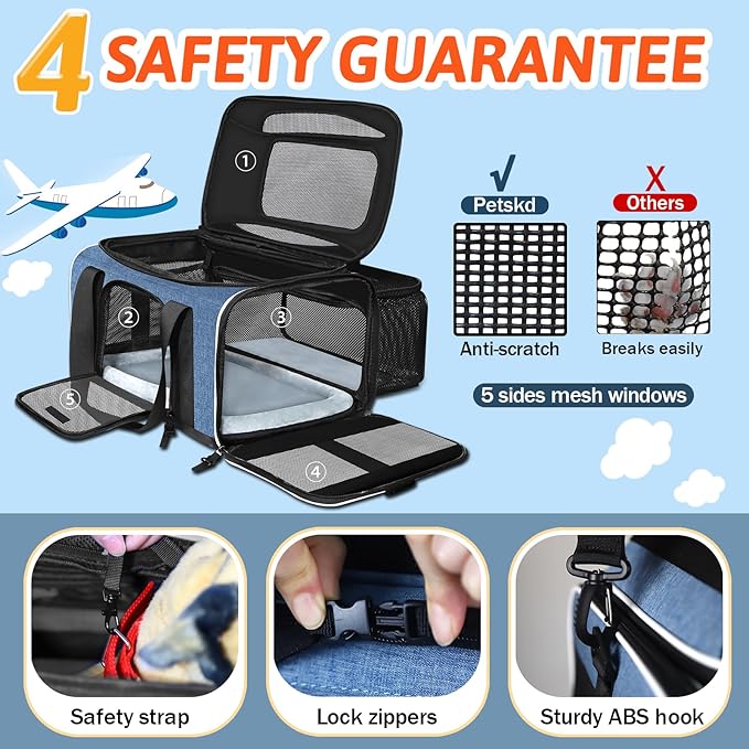 Petskd Top and Side Expandable Pet Carrier with Wheels 18x13x9.5 Inches Southwest Airline Approved, Soft-Sided Carrier for Small Cats and Dogs with Locking Safety Zippers and Anti-Scratch Mesh(Blue)