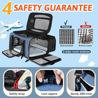 Petskd Top and Side Expandable Pet Carrier with Wheels 18x13x9.5 Inches Southwest Airline Approved, Soft-Sided Carrier for Small Cats and Dogs with Locking Safety Zippers and Anti-Scratch Mesh(Blue)
