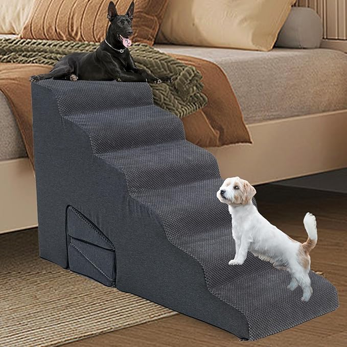 30 Inch Dog Stairs for High Bed, 6 Steps Memory Foam Pet Steps with 3 Ramps for Senior Dogs & Cats, Non-Slip Washable Pet Stairs for Couch Sofa Bed, Grey
