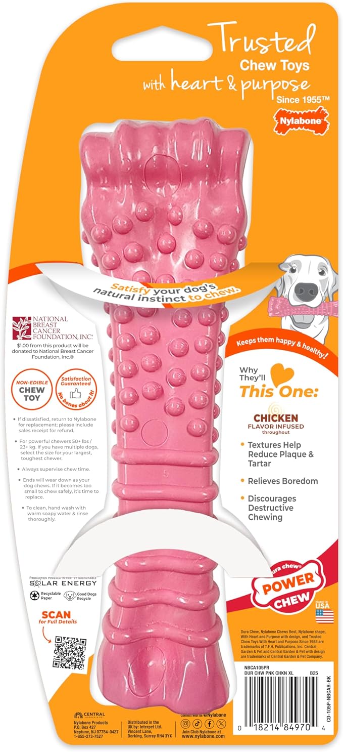 Nylabone Power Chew Breast Cancer Awareness Femur Bone Chew Toy for Dogs, Indestructible Dog Toys for Aggressive Chewers, Chicken Flavor, X-Large/Souper (1 Count)