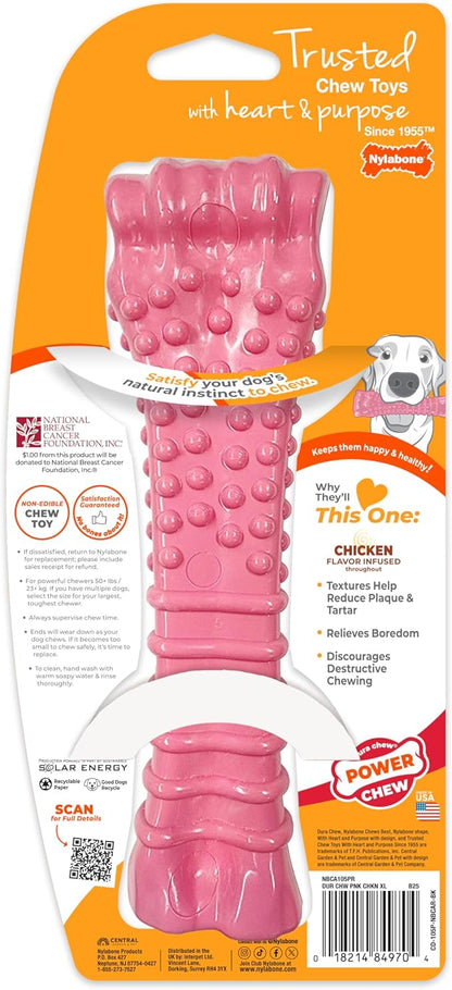 Nylabone Power Chew Breast Cancer Awareness Femur Bone Chew Toy for Dogs, Indestructible Dog Toys for Aggressive Chewers, Chicken Flavor, X-Large/Souper (1 Count)