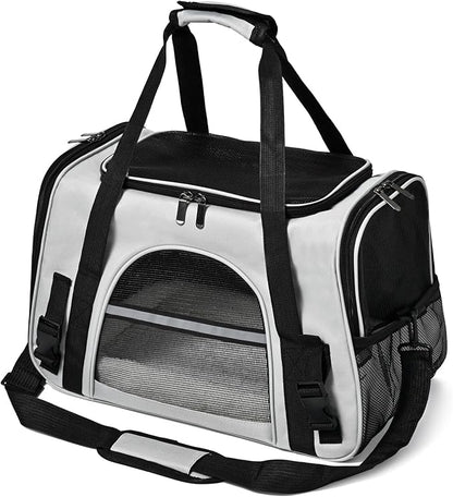 Dog Cat Carrier Soft for Small Pet Up to 16 Lbs TSA Airline Approved Travel Carrier Collapsible Puppy Car Mesh Bag 17.5 * 10.2 * 11.4 inch - Grey & Black