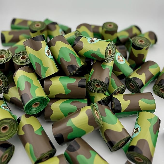 Pet poop bags with a camouflage pattern. Poop bags rolls for dog walking, dog-parks, and the yard.