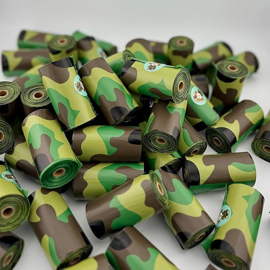 Pet poop bags with a camouflage pattern. Poop bags rolls for dog walking, dog-parks, and the yard.