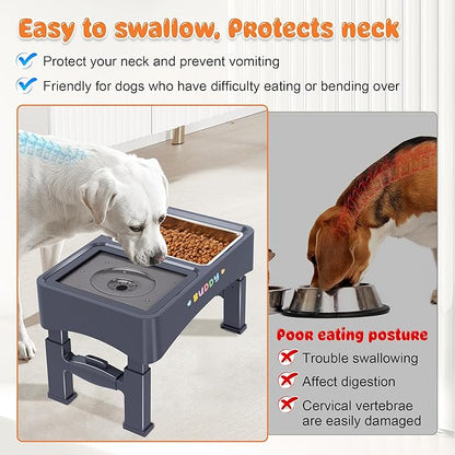 Decflow 3-in-1 Elevated Dog Bowls, 4 Height Adjustable Raised Dog Bowl with Stainless Steel Food Bowl, Slow Feeder, No Spill Water Bowls for Medium Large Dogs