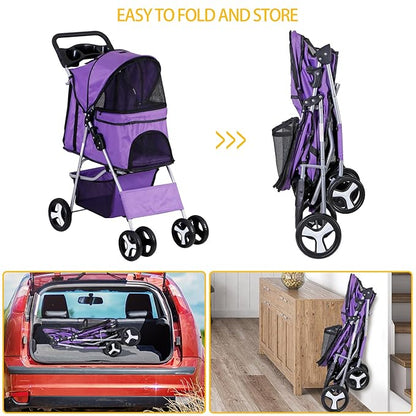 ZENY Foldable Pet Stroller, Cat/Dog Stroller with 4 Wheel, Pet Travel Carrier Strolling Cart with Storage Basket, Cup Holder (Purple)