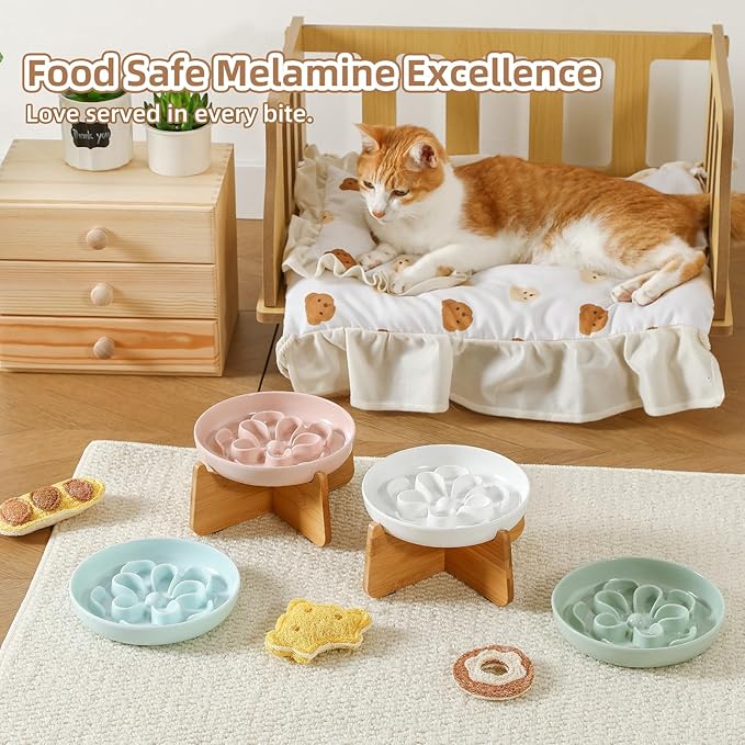 Elevated Slow Feeder Cat Bowl - Melamine Cat Dish with Anti-Slip Bamboo Stand - Whisker Friendly Feeding Bowl - Floral Maze Food Plate for Slow Eating - Blue