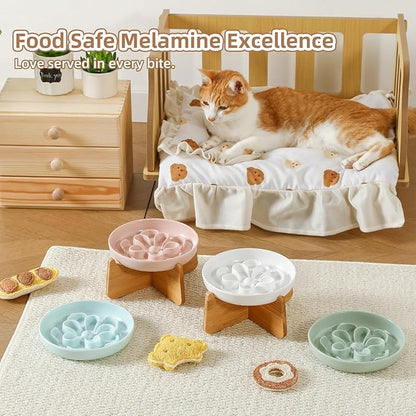 Elevated Slow Feeder Cat Bowl - Melamine Cat Dish with Anti-Slip Bamboo Stand - Whisker Friendly Feeding Bowl - Floral Maze Food Plate for Slow Eating - Blue