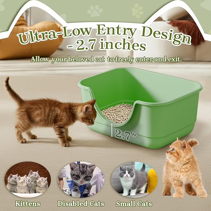 2 Pack Low Entry Small Litter Box for Kittens, Kitty Plastic Litter Boxes, Open Top, Anti-Splash High Sided Litter Tray Pan for Medium Pets, Puppy, Easy to Clean, 15.7"L*11.8"W*6.7"H (Green)