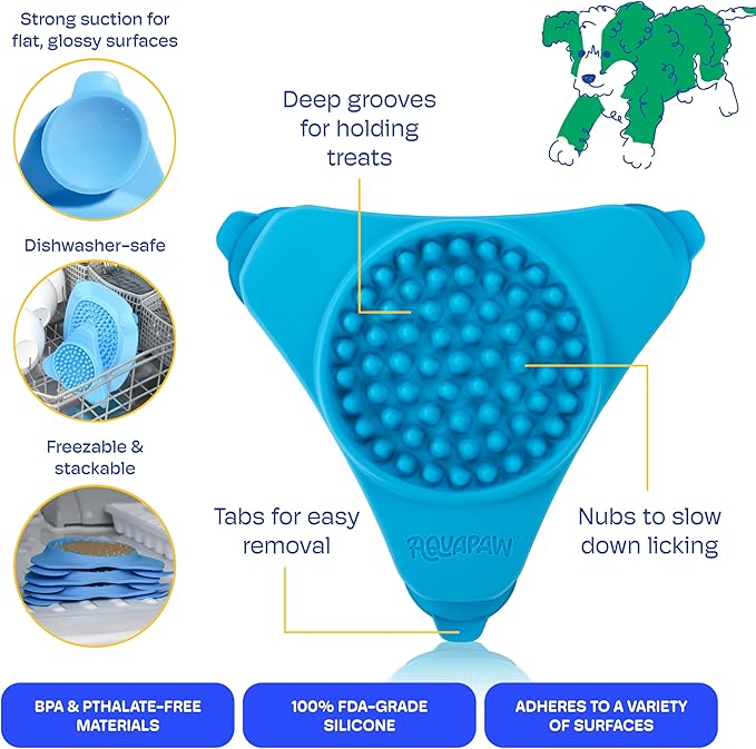 Aquapaw Silicone Dog Lick Mat - Suction Cup Slow Feeder Pad - Calming Bath Time Aid & Dog Grooming - Stress Relief & Pet Enrichment - Pack of 2 - XL & Small, Blue