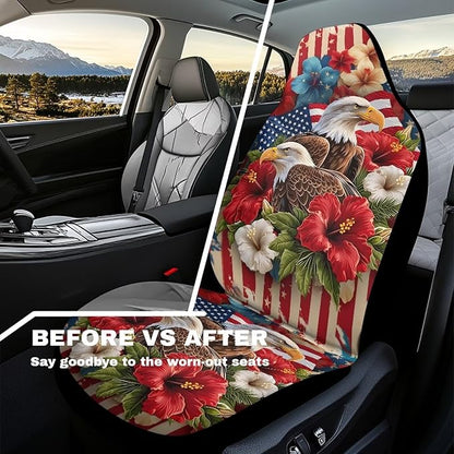 Car Seat Covers Waterproof Hibiscus Eagle Patriot Car Seat Cover for Front Seat Set of 2 Washable Cover Anti-Slip Back Fabric Easy to Install Universal Fit Most Cars