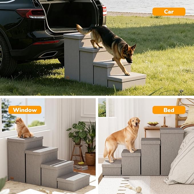 4-Step Wide Dog Stairs with Storage 23" H, Non-Slip Sturdy Pet Steps for High Bed Couch Window, Pet Stairs for Small/Medium/Large Old Dogs Cats Up to 220lbs, Cat Dog Steps for Car/SUV, Grey
