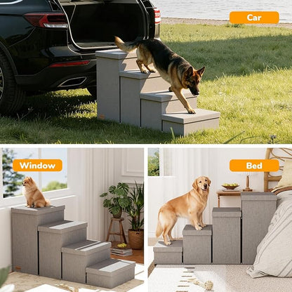 4-Step Wide Dog Stairs with Storage 23" H, Non-Slip Sturdy Pet Steps for High Bed Couch Window, Pet Stairs for Small/Medium/Large Old Dogs Cats Up to 220lbs, Cat Dog Steps for Car/SUV, Grey