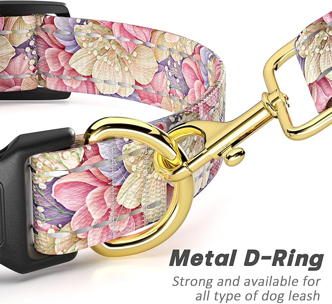 Reflective Dog Collar for Medium Dogs, Cute Flower Theme Adjustable Heavy-Duty Nylon Puppy Collar for Boy and Girl Female, Soft Pet Accessories with Quick Release Buckle, Colorful Floral