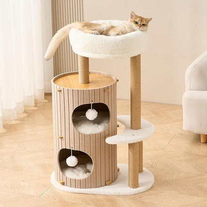 Modern Cat Tree for Indoor Cats Large Adult, 36in H Cat Tree Tower with Scratching Posts, Cozy Cat Bed Cave, Washable Cushions, Dangling Balls, Play&Nap Cat House Condo for All Breeds, Brown