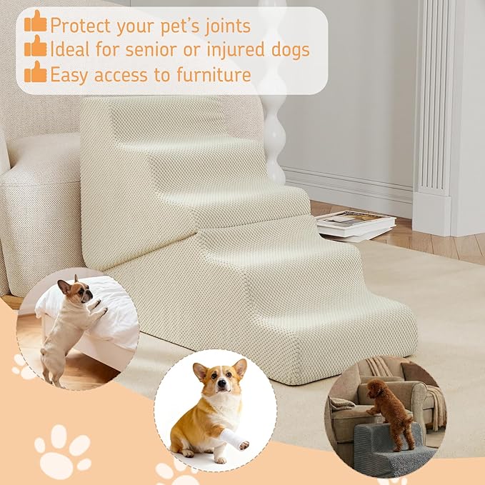 Dog Ramp for Bed, 23" H Dog Stairs for High Bed, 2 in 1 Pet Steps for Small Dogs, 5-Step Foldable Transformable Large Cats Ramp to Get on Couch, Non-Slip Balanced, Beige