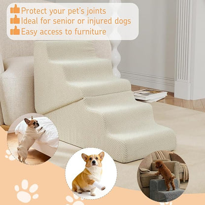 Dog Ramp for Bed, 23" H Dog Stairs for High Bed, 2 in 1 Pet Steps for Small Dogs, 5-Step Foldable Transformable Large Cats Ramp to Get on Couch, Non-Slip Balanced, Beige