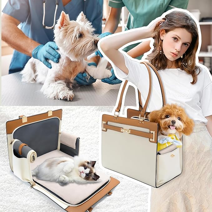 2-in-1 Stylish Dog Purse Carrier Soft-Sided Carriers Travel Tote Bag for Small Dogs Cats, Fashion Foldable Pet Bag for Puppies Small Animals with Pockets (Beige+Brown, 15" L x 7.5" W x 12.2" H)