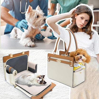 2-in-1 Stylish Dog Purse Carrier Soft-Sided Carriers Travel Tote Bag for Small Dogs Cats, Fashion Foldable Pet Bag for Puppies Small Animals with Pockets (Beige+Brown, 15" L x 7.5" W x 12.2" H)