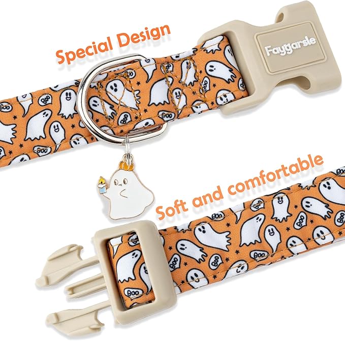Faygarsle Halloween Ghost Pattern Dog Collar with Charm, Orange and White,for Small Medium Large Dogs S