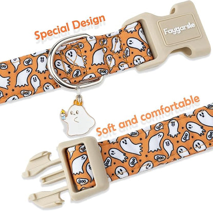 Faygarsle Halloween Ghost Pattern Dog Collar with Charm, Orange and White,for Small Medium Large Dogs S