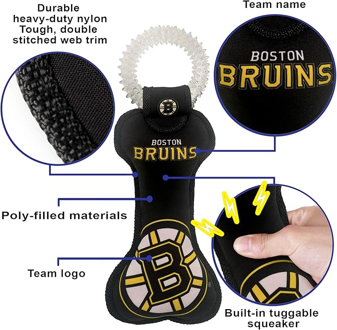 Pets First NHL Boston Bruins Dental Dog TUG Toy with Squeaker. Tough PET Toy for Healthy Fun, Teething & Cleaning Pet's Teeth & Gum., Team Color, one Size (BRU-3310)