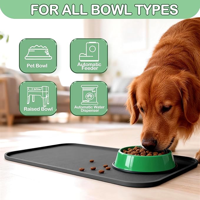 100% Waterproof Silicone Pet Feeding Mat,Warped Resistant Raised Edge BPA-Free Dog Cat Food Mats, Non-Slip Pet Placemat with High Lip to Prevent Spills, Dishwasher Safe, 21.5"x14" Black